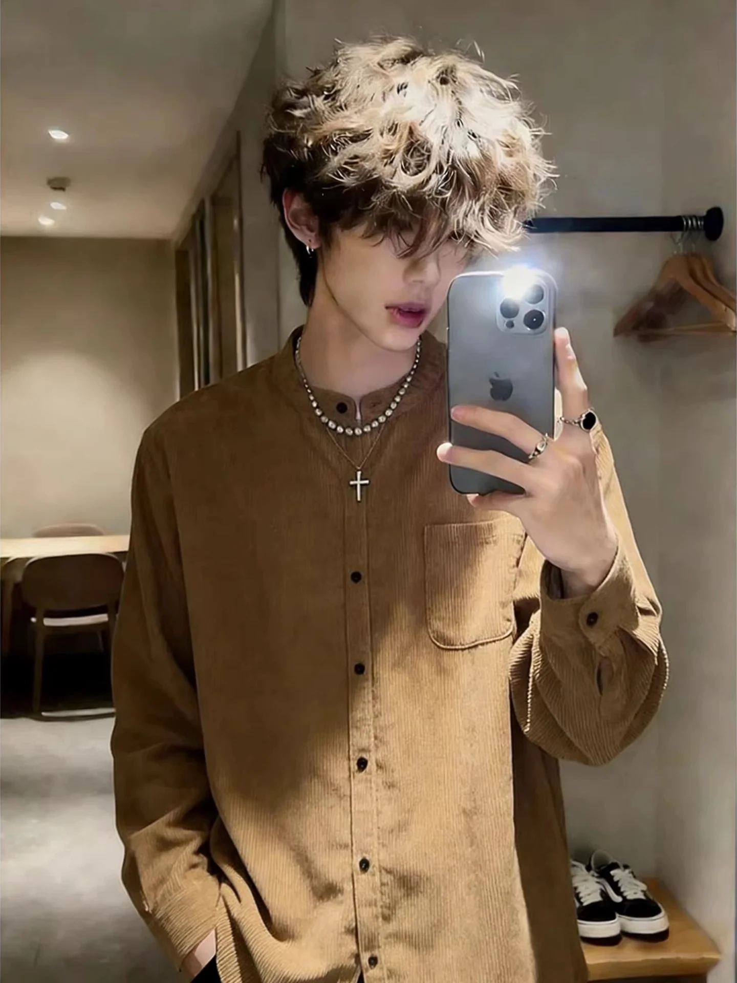 

Khaki Corduroy Men's irt Long Sve Stand Collar Spring Autumn New Chinese Sle National Trend Cleanfit Jaet Coat