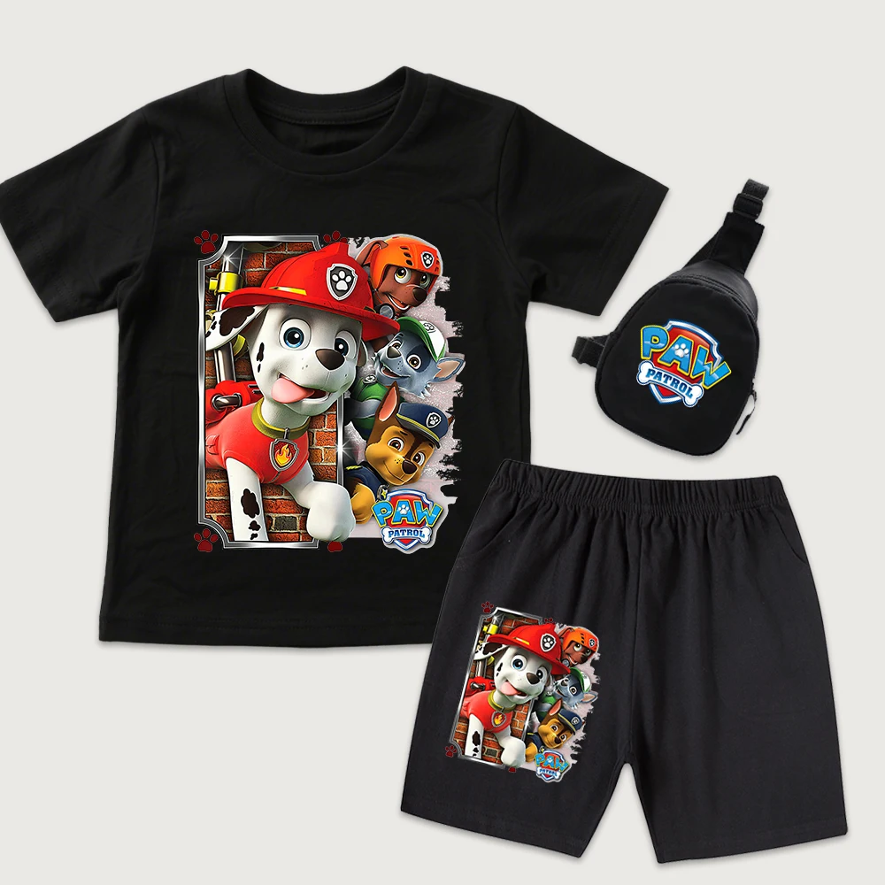 

Комплект из хлопковой футболки и шорт для малышей Paw Patrol, летняя одежда для мальчиков и девочек, повседневная спортивная одежда с мини-сумкой на грудь