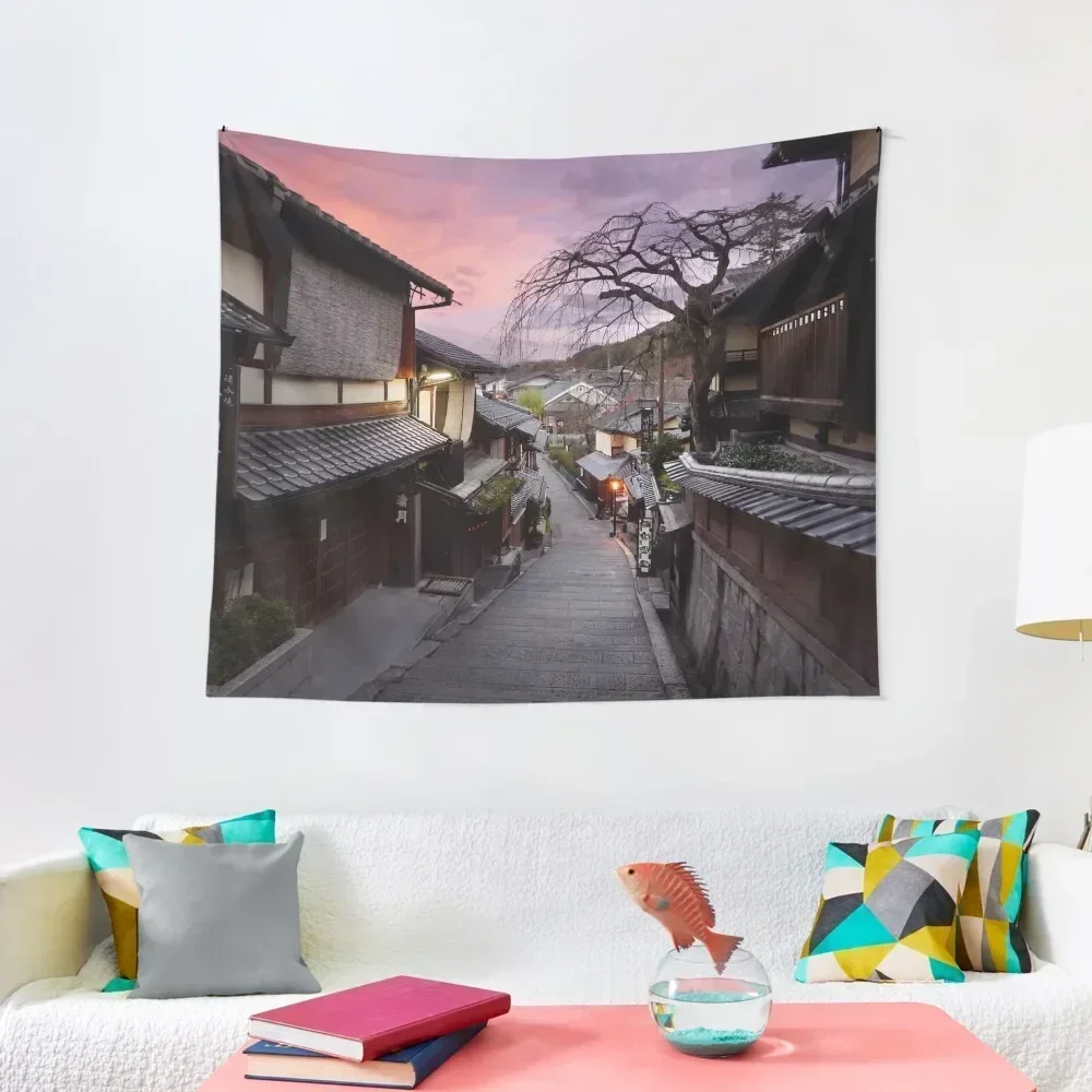 

Beautiful sunrise scenery of Yasaka dori historic street in Kyoto empty and quiet in early morning art photo print Tapestry