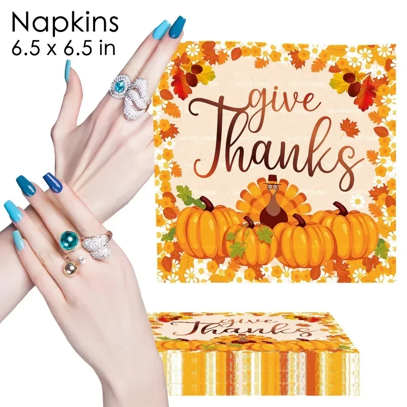 20pcs 33cm 2-Ply Thanksgiving Elements Pumpkin Autumn Tissue Paper Napkins Yellow Background Turkey Full Page Print Napkins