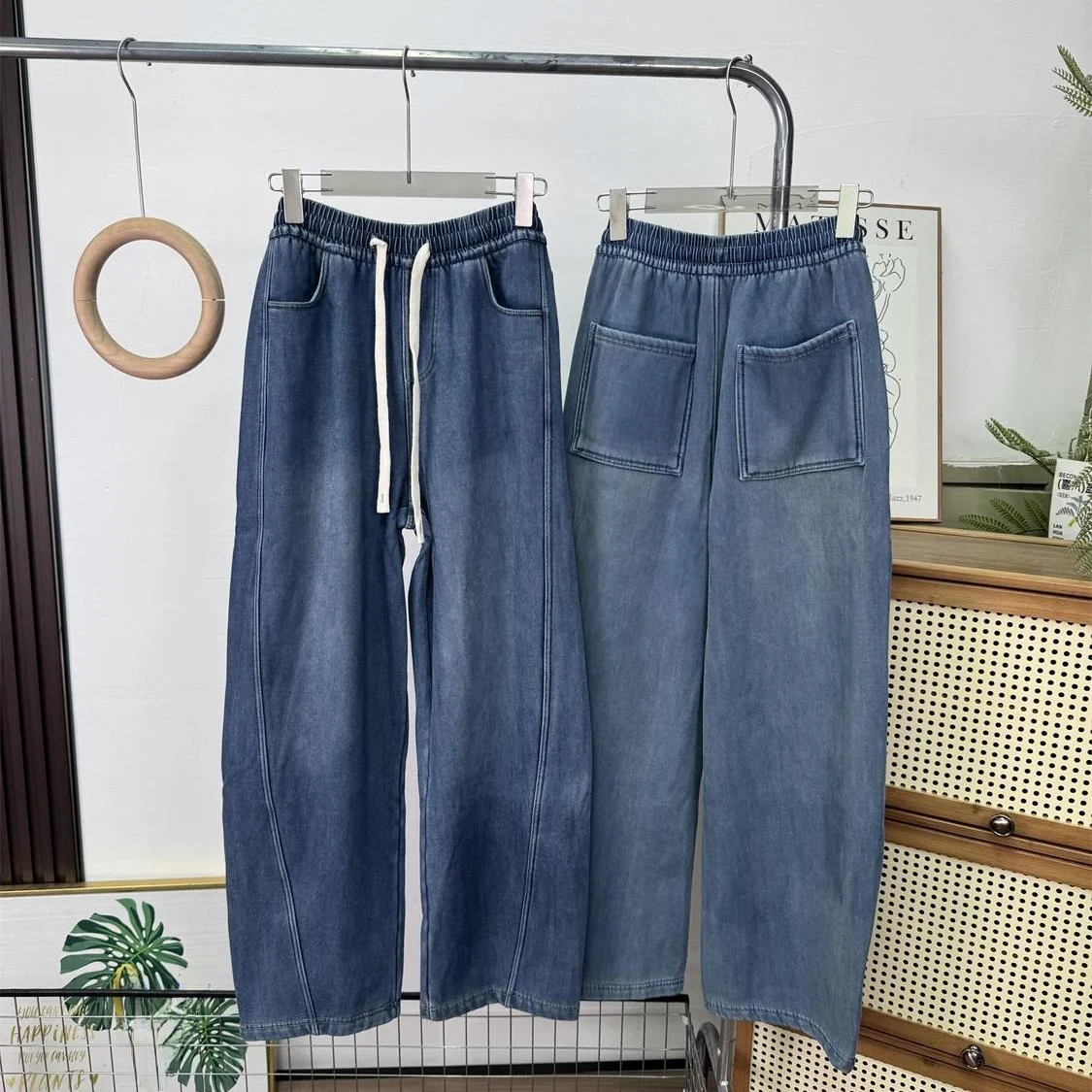 

Winter Warm Blue Corduroy Banana Pants Dstring Women's Jeans Casual Straight Leg Non-Elastic l Waist