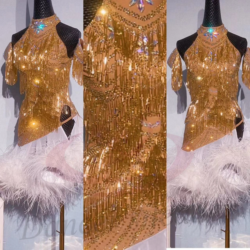 

Latin Dance Costume AB Stone Female Adult Children High end Customized White Fluffy Skirt Samba Performance Dress