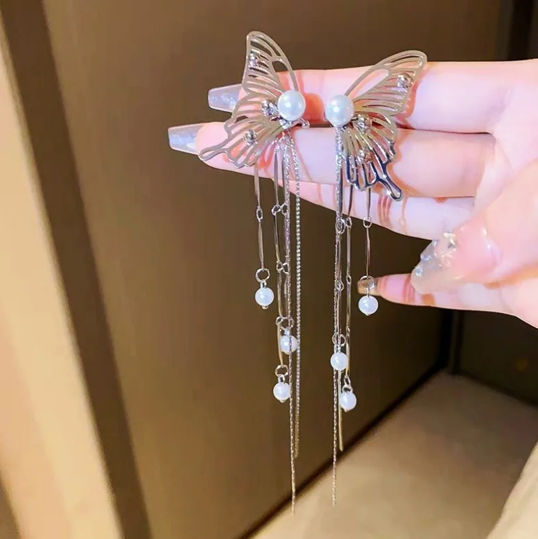 New Micro-inlaid Zircon Opal Butterfly Long Tassel Chain Gold Color Earrings for Women Luxury Temperament Wedding Party Jewelry