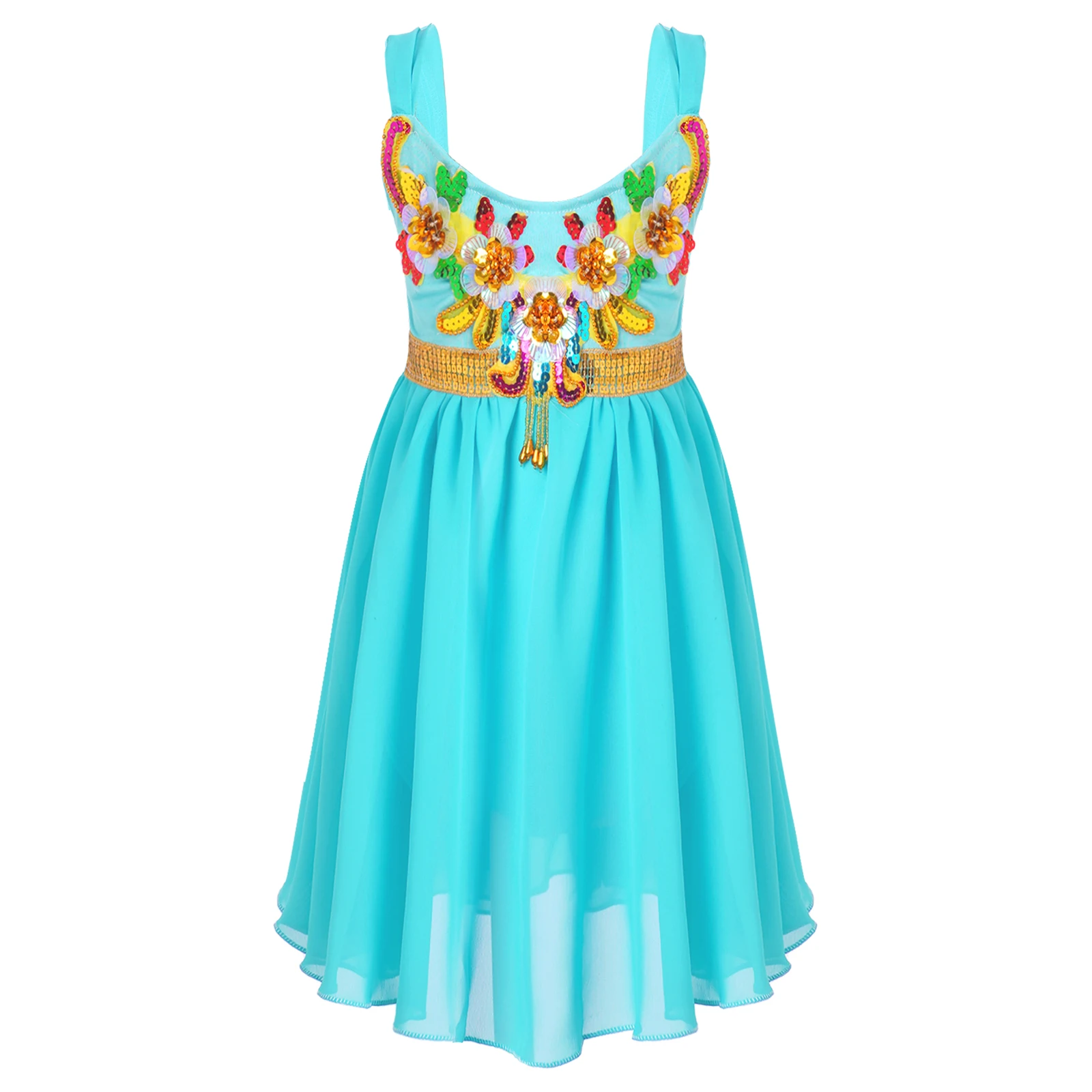 

Kids Girls Shiny Sequins Flower Decorated Front Chiffon Dress Sleeveless Round Neckline Wide Shoulder Straps Dress Daily Wear