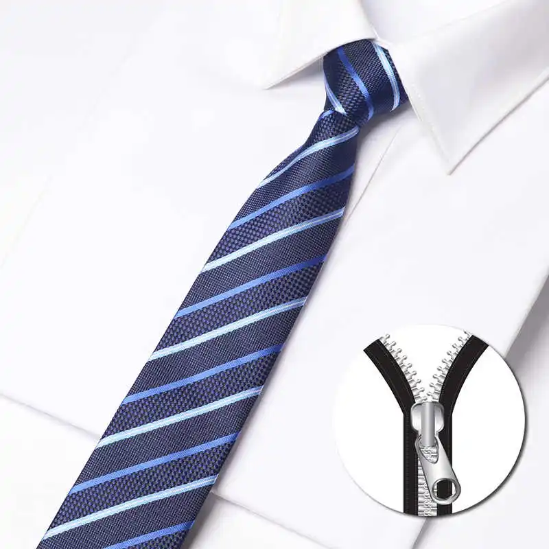 

High Quality Blue Wide Stripe Zipper Tie Fashionable Men's Narrow Version 6cm Business Banquet Shirt Accessories Zipper Necktie