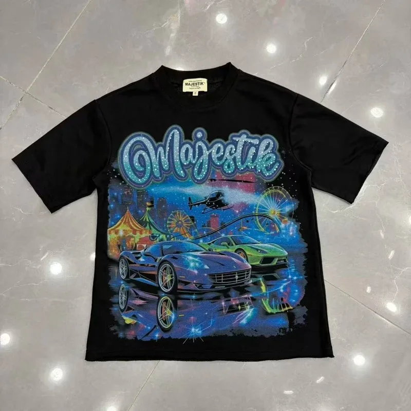American Fashion Brand Short Sleeved Car Print Pattern Street Hip-hop Style Hot Stamping Majestik T-shirt