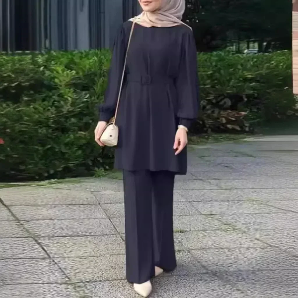 Eid Mubarek Outfit Fashion Suit Turkey Abaya Causal Pant Sets Muslim Long Sleeve Blouse Trouser Suit Women Matching Sets