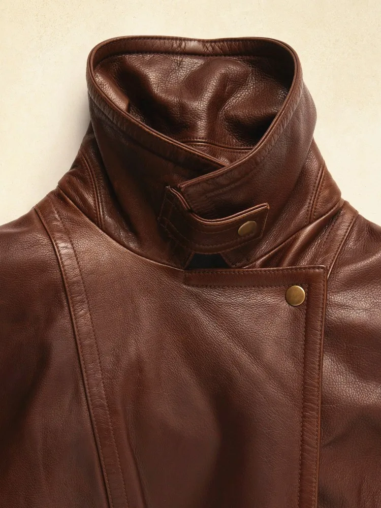 سترات واقية قصيرة للسيدات على الموضة بتصميم عتيق من جلد البقر الطبيعي مع طية صدر السترة واحدة الصدر فضفاضة تناسب ملابس خارجية غير رسمية ملابس الشارع