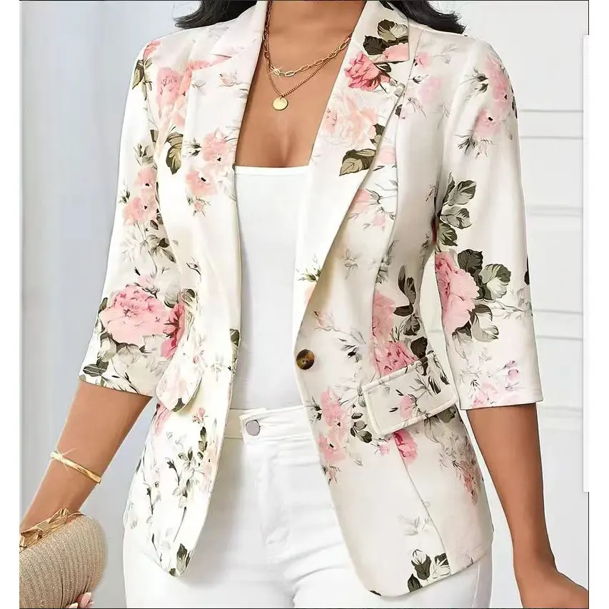 Autumn Blazer 2025 7/10 Sleeves Printed Suit Jacket Small Outerwear Polyester Fiber Regular Sleeve Length Full Button Decoration