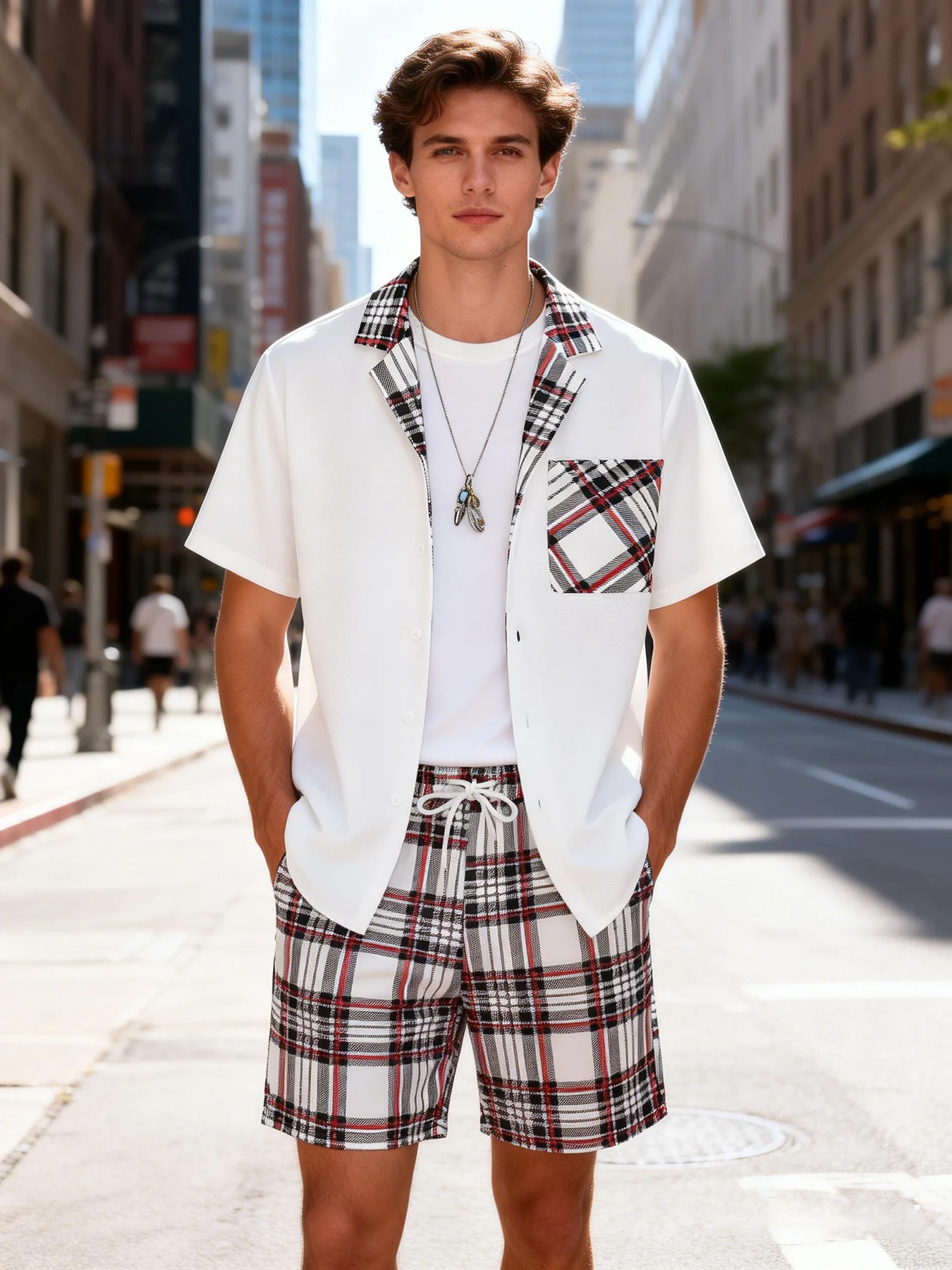 Men's White Plaid Patchwork Cuban Collar Short-Sleeved Shirt and Plaid Shorts Two-Piece Set, Textured Fabric Summer Casual Outfit, Men's Trendy Complete Outfit Set