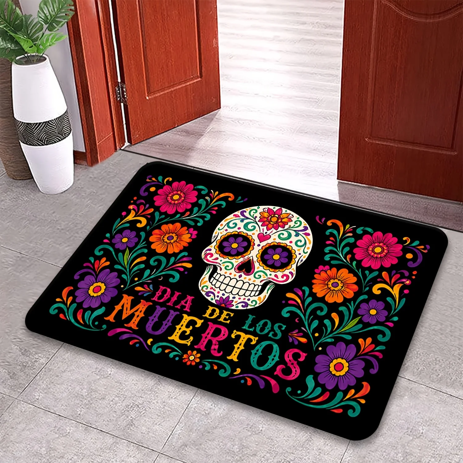 Vibrant Dia de los Muertos Skull Mexican Sugar Skull Halloween Doormat Entrance Mat Rug Polyester Festive Home Decor Accent Mat