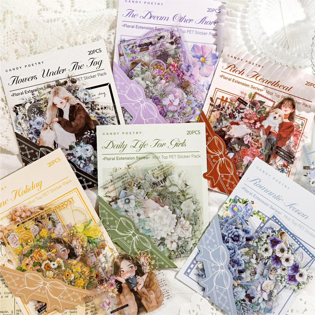 Journamm 20pcs/pack Decor Stickers Flowers Stickers PET DIY Scrapbooking Collage Stationery Junk Journal Aesthetics Sticker