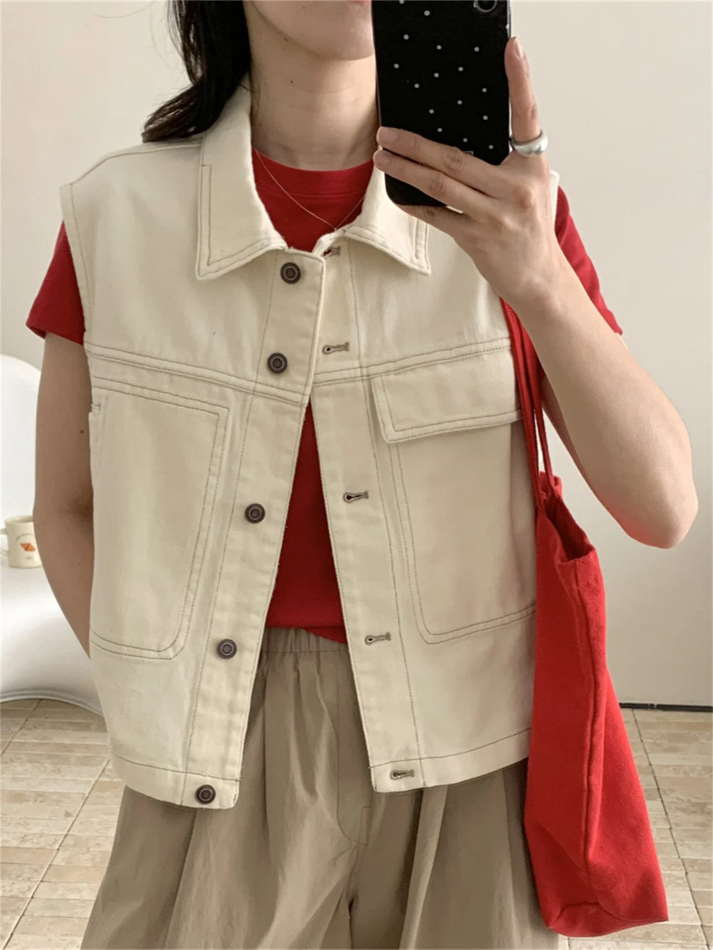 BANA Women's Short Denim Vest Spring Autumn Sleeveless Jacket Flip Collar Outerwear Commute Style Pure Color Button Design
