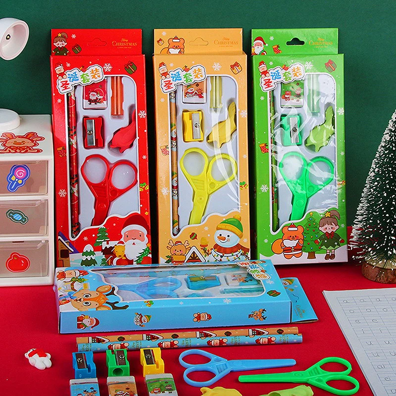 1Set Christmas Stationery Set Kids Cartoon Pencils Eraser Ruler Memo Pads Pencil Knife Set School Supplies Back To School Gift