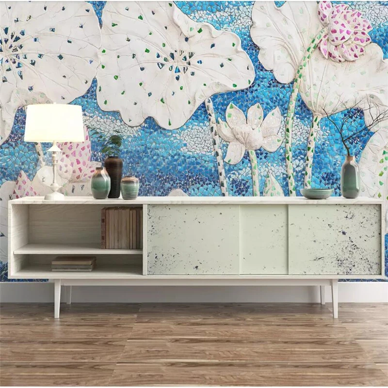 Customized product 8D embossed lotus fresh elegant new Chinese mural green wallpaper Living room sofa TV background wall bedroom
