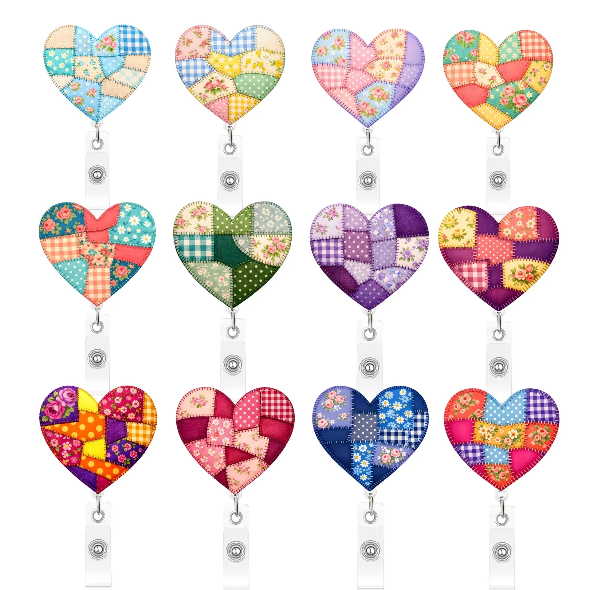 Heart Shape Patchwork Badge Reel Holder Cute Floral Print Retractable ID Badge Clip for Nurse Doctor Teacher Office Gifts