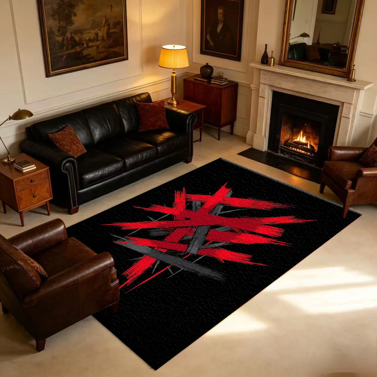 Black Background Red Gray Brush Strokes Abstract Graffiti Art Carpet Floor Non-Slip Mat