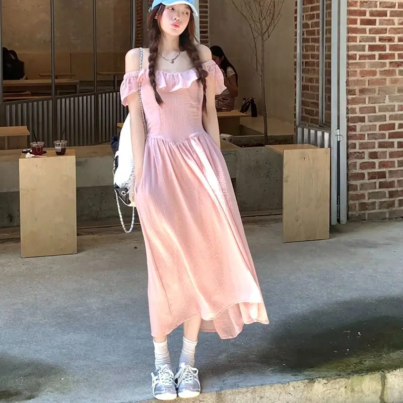 Spring Summer Simple Commute V-neck Slimming Long Dress Women's Fashionable A-line Skirt High Waist Polyester Fiber