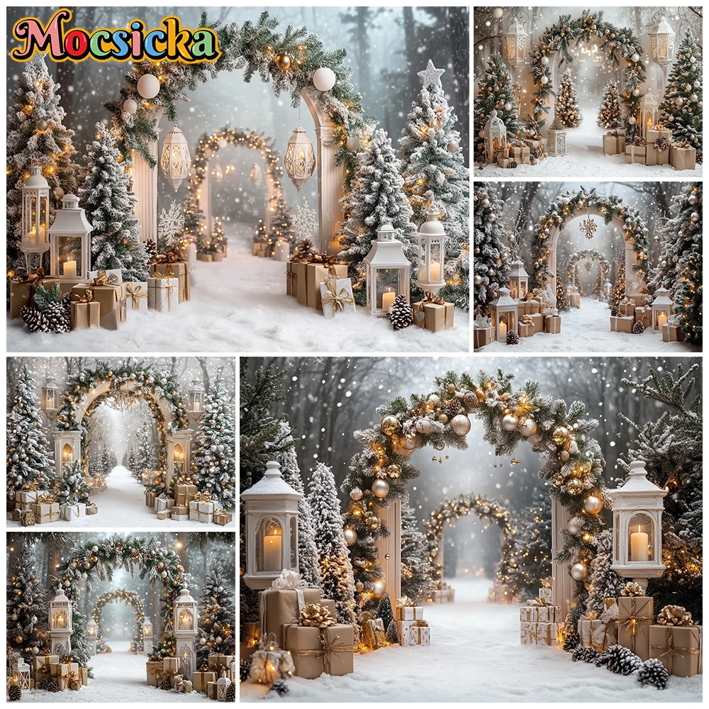 Mocsicka Christmas Snowy Forest Photo Backdrop Winter Pine Tree Gift Box Snow Scene Photography Background Cloth XmasParty Decor