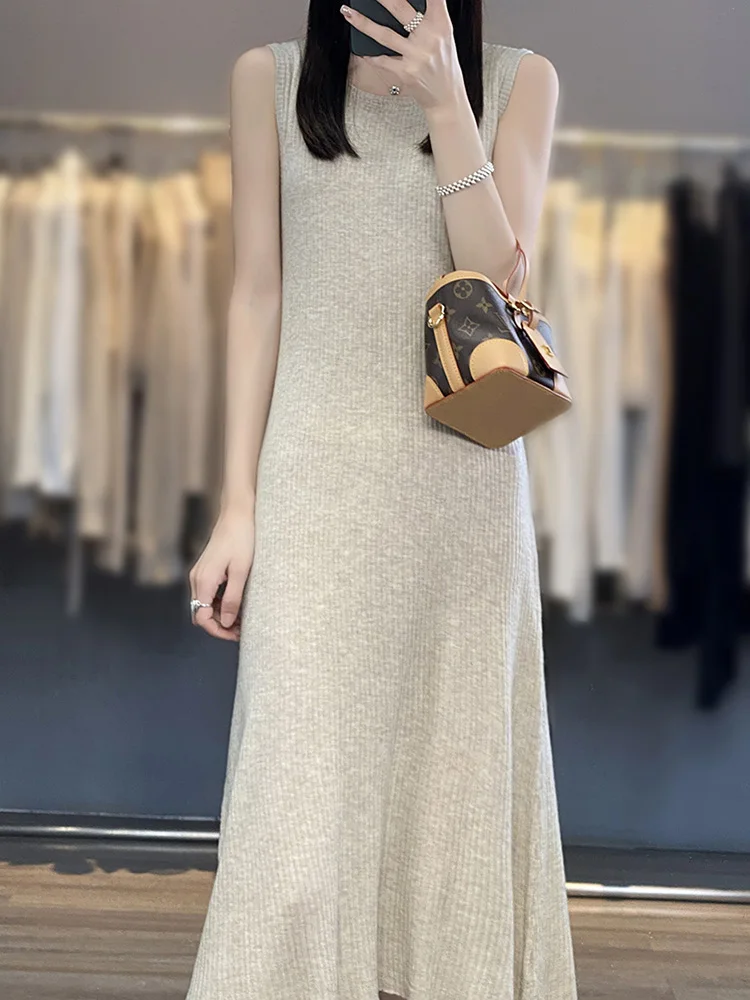 

Women's Wool Knit A-line Dress, Long, Sexy, Slim, Sleeveless, Monochromatic, Female Midi Dresses, Spring, Summer, Ladies, High S