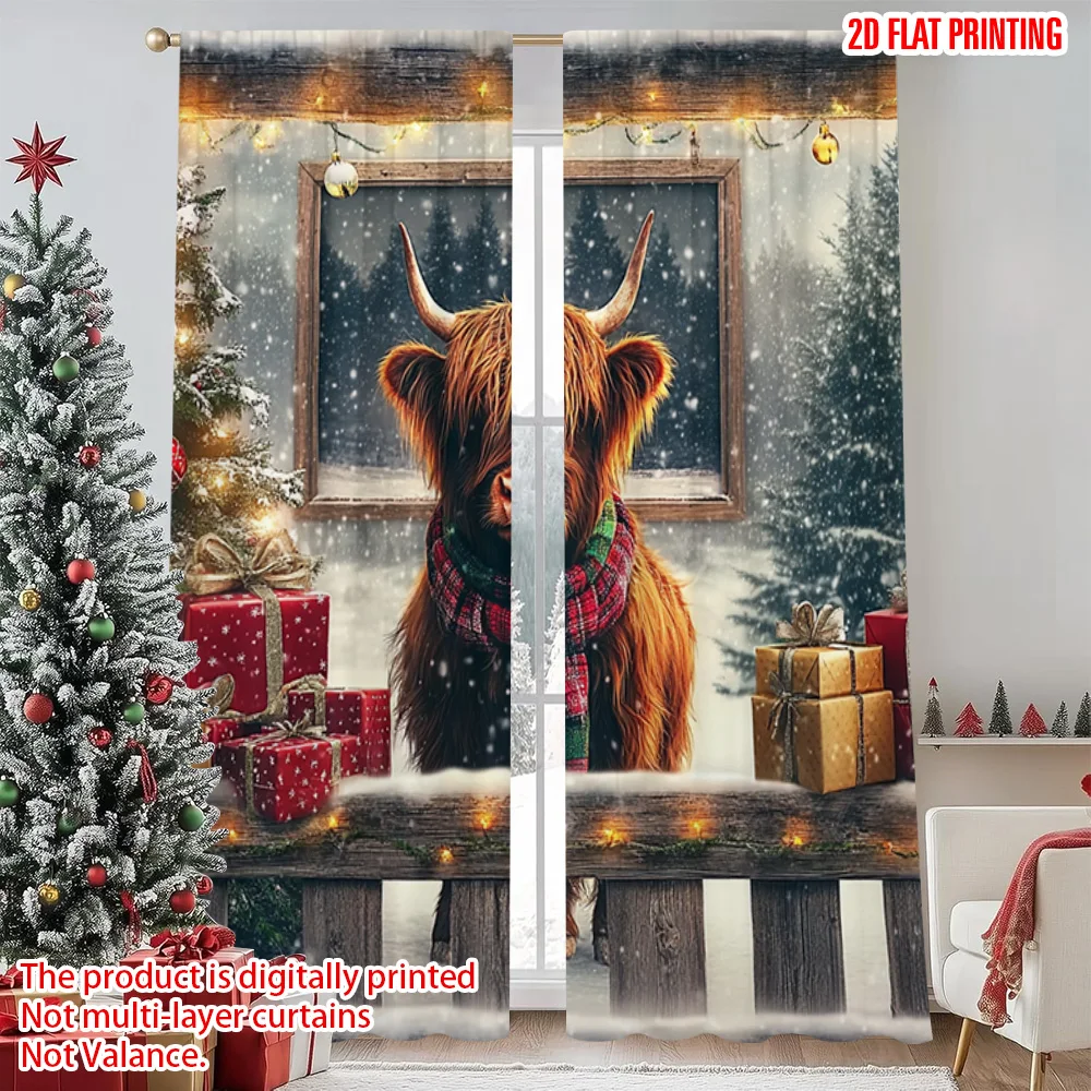 

2pcs 2D flat printing Christmas Window Curtains Farm Christmas scene Durable 100% Polyester Fabric Without Electricity Spring