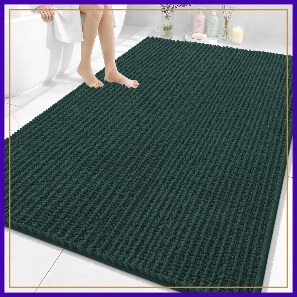 

Thick Soft Chenille Bath Mat 70x46, Non-Slip Rubber Backing, Machine Washable Quick Dry, Absorbent Bathroom Rug, Blackish Green