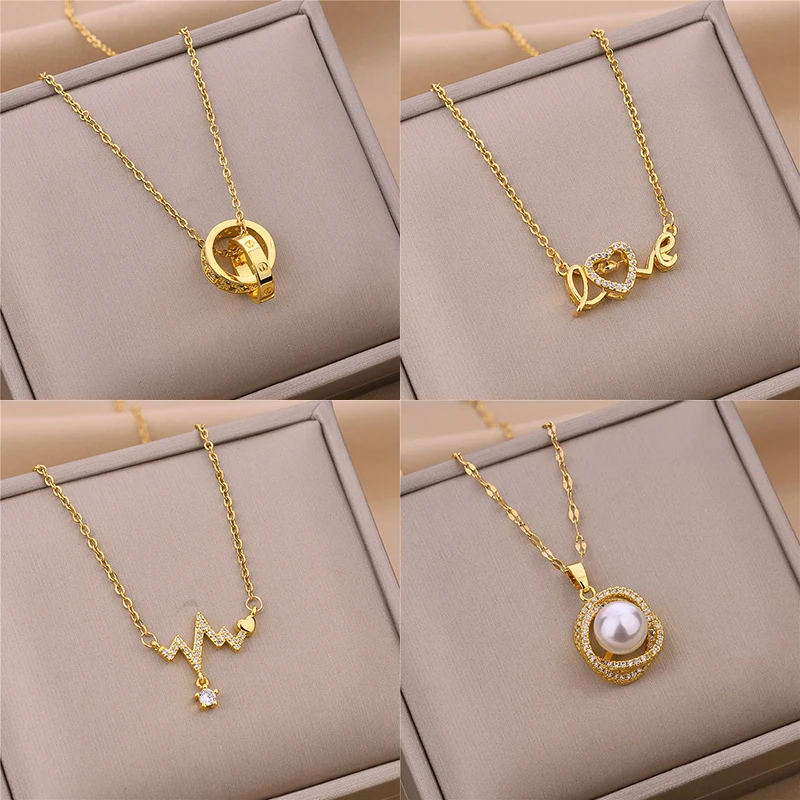 New Trendy Zircon Crystal Pendant Stainless Steel Necklace For Women Korean Fashion Female Sexy Clavicle Chain Jewelry Wholesale