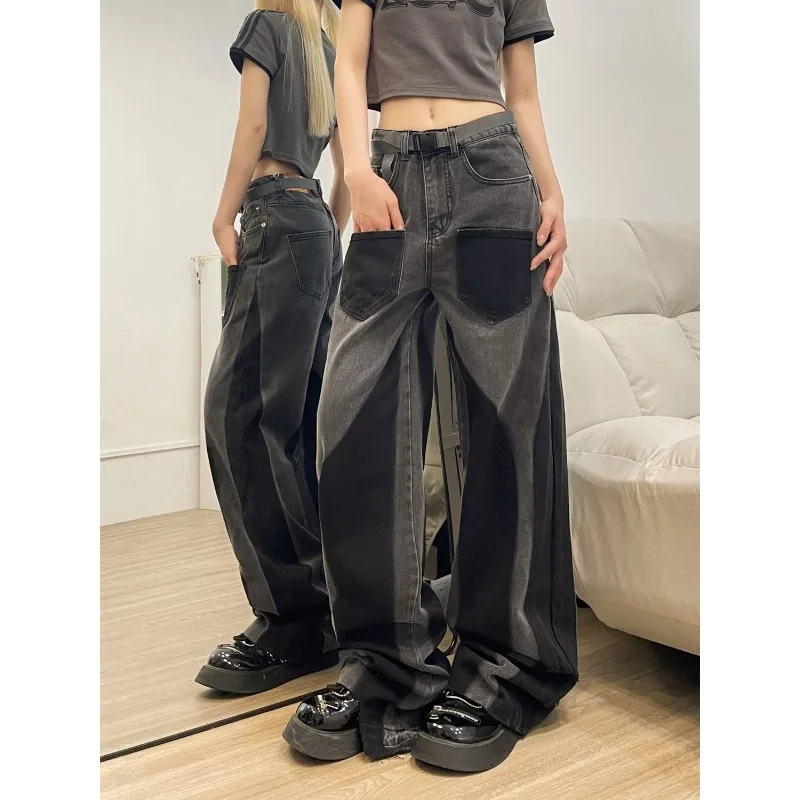 QWEEK Y2k Black Vintage Jeans for Woman Streetwear Baggy Gothic Harajuku Denim Pants Korean Fashion Spring Trousers Aesthetic