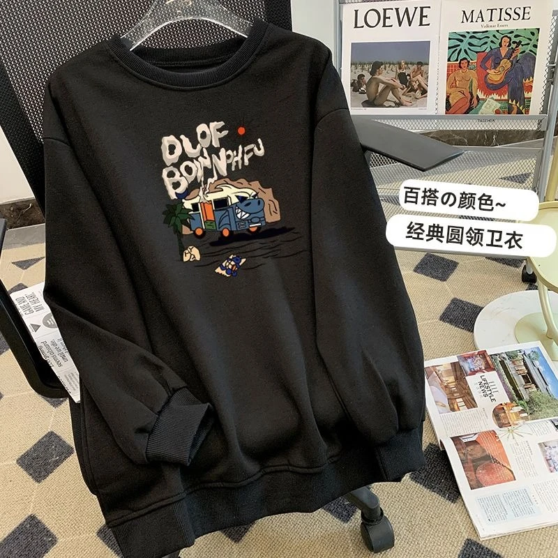 

Американский универсальный свитшот без капюшона на осень и зиму 2023 года, свободный корейский стиль и непринужденный назад, миниатюрный принт с длинными рукавами