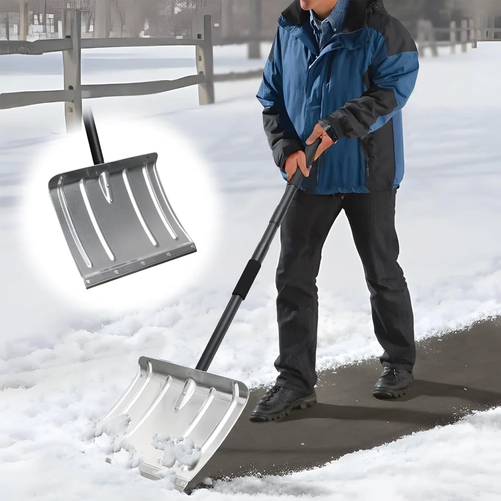 

16" Heavy Duty Aluminum Snow Shovel, Lightweight with Metal Strip for Driveways and Cars