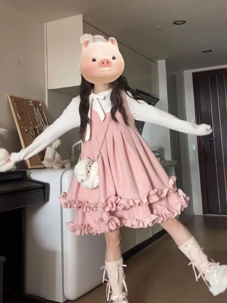 اليابانية الحلو لوليتا فستان 2 قطعة مجموعة Preppy نمط الدانتيل كم طويل القوس س الرقبة كشكش Kawaill فضفاض أضعاف تي شيرت 2025 الخريف