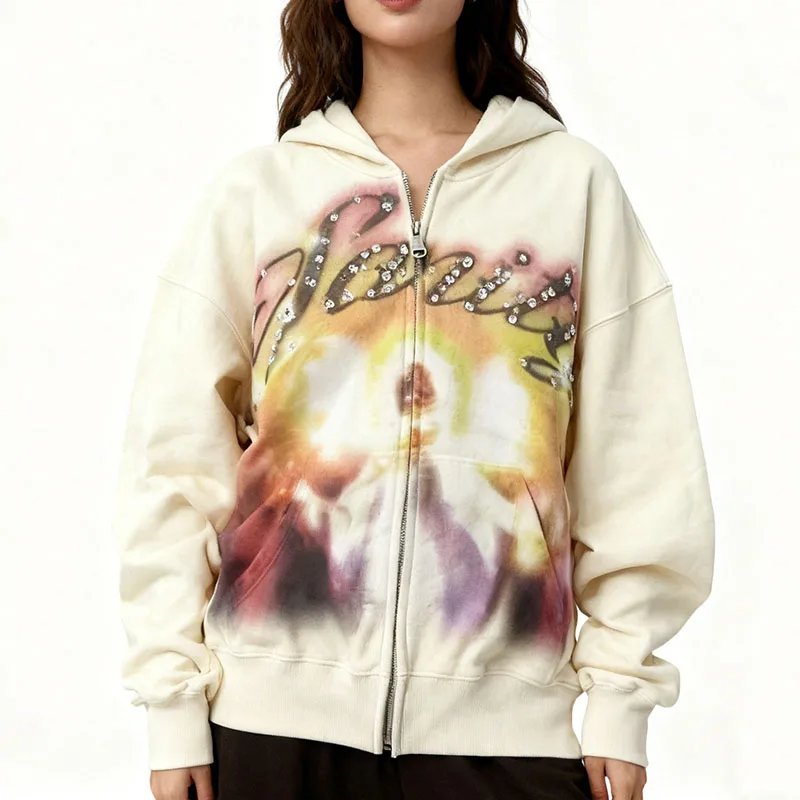 

High Street винтажный рисунок с принтом на молнии, свободная толстовка с капюшоном, европейская эстетика, оверсайз, индивидуальное повседневное пальто в стиле гранж с длинными рукавами