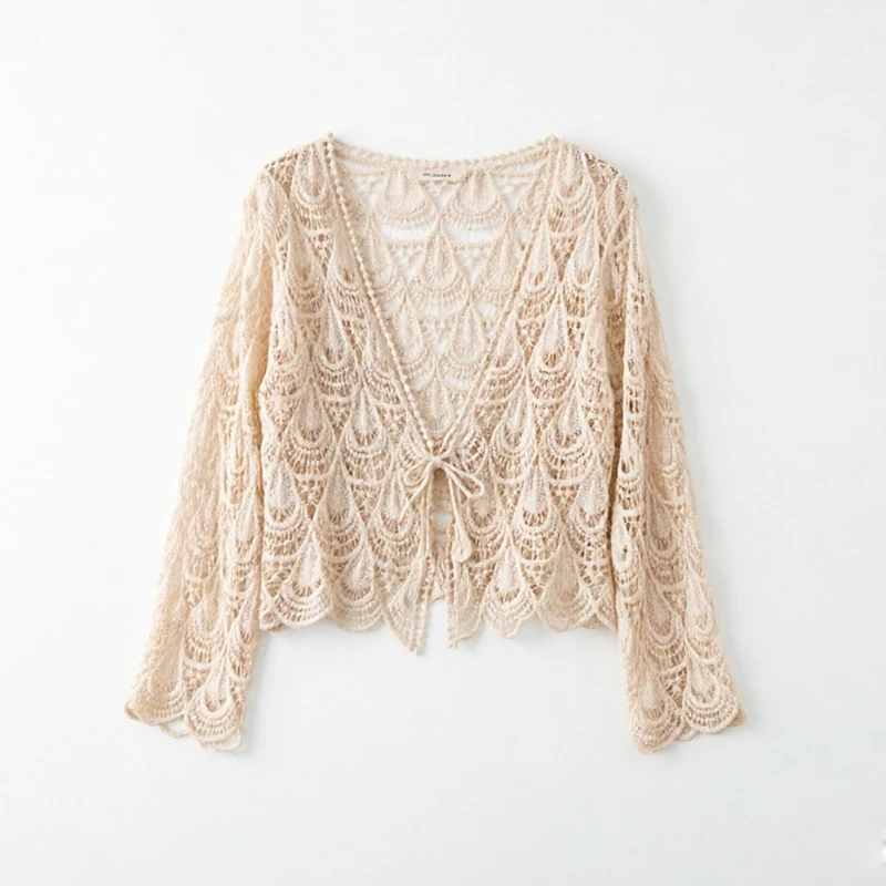 Summer Cut-out Crochet Lace Cardigan Women Clothing Beige Color Seaside Sun-protective Clothing Loose Air-conditioned Shirt U503