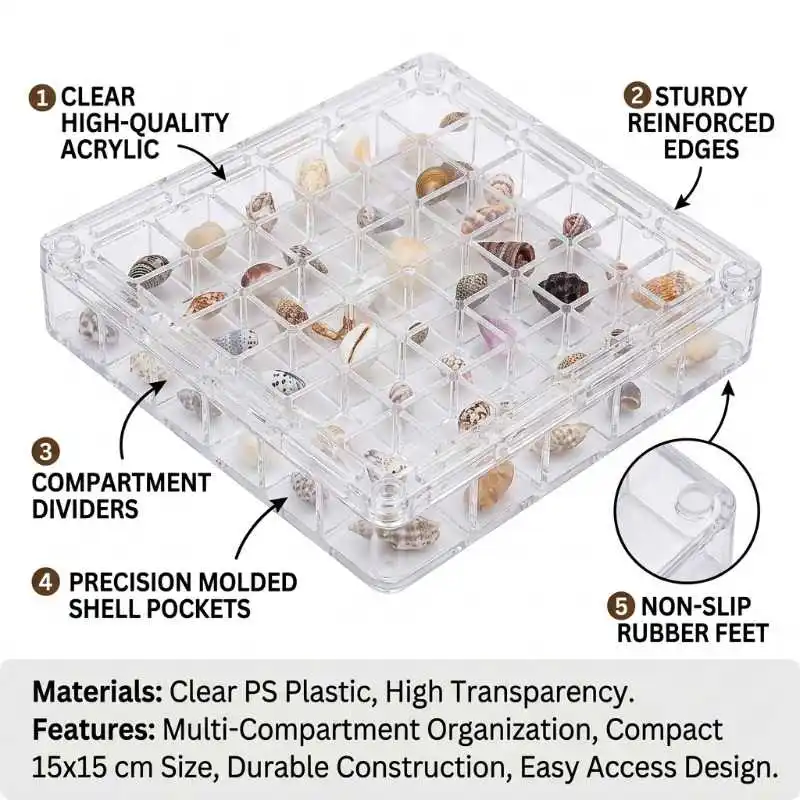 Beach Treasure Partitioned Display Frame, Clear Acrylic Compartment Storage Box for Sea Snail Shell Colorful Sea Glass Collectio