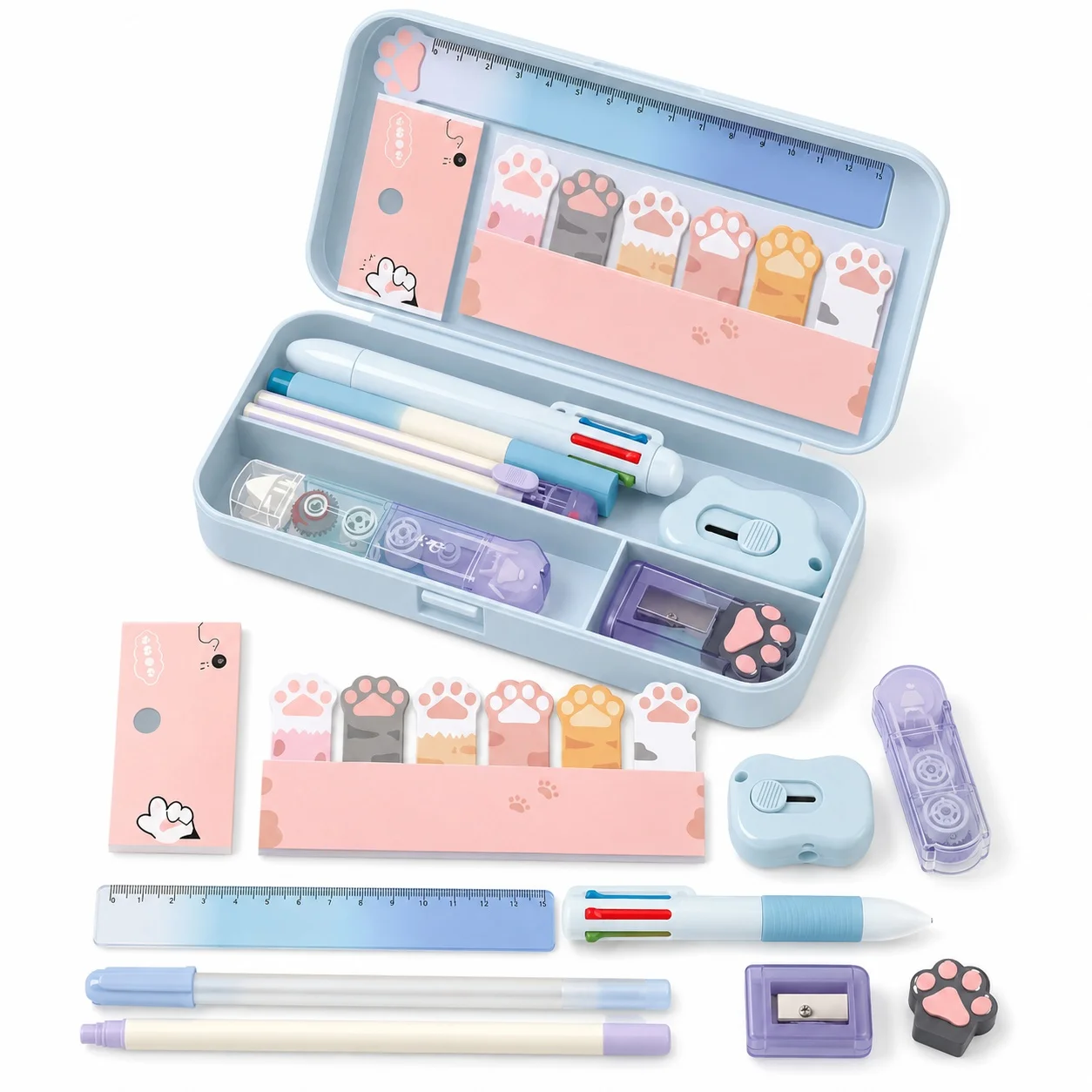 

Gradient Blue Stationery Set with Pencil Case, Frosted Finish, Sharpener, Correction Tape, Highlighters and Sticky Notes