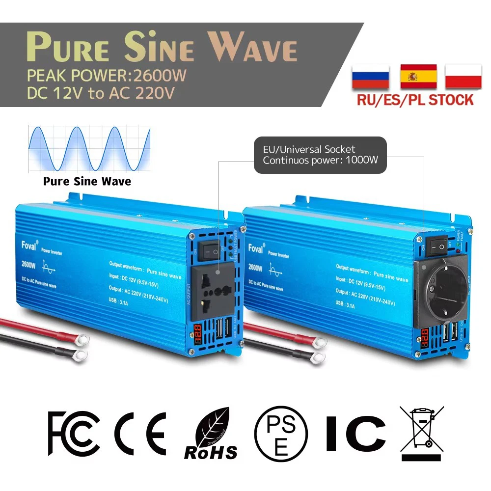 Inversor de onda sinusoidal pura de 12V y 220V, 3000W, 2600W, 2200W, 1500W, enchufe UE UN, convertidor de frecuencia de 50Hz, transformador inversor