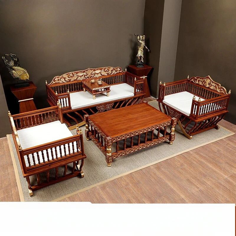 Yili new Chinese solid wood living room sofa coffee table combination set South East Asia style Thai club soft furniture