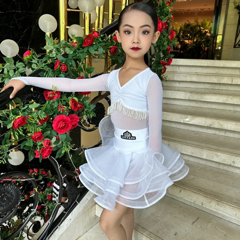 

Customized Latin Dance Suit Practice Dress Girls' Professional Competition Performance Dress White Fluffy Skirt Set