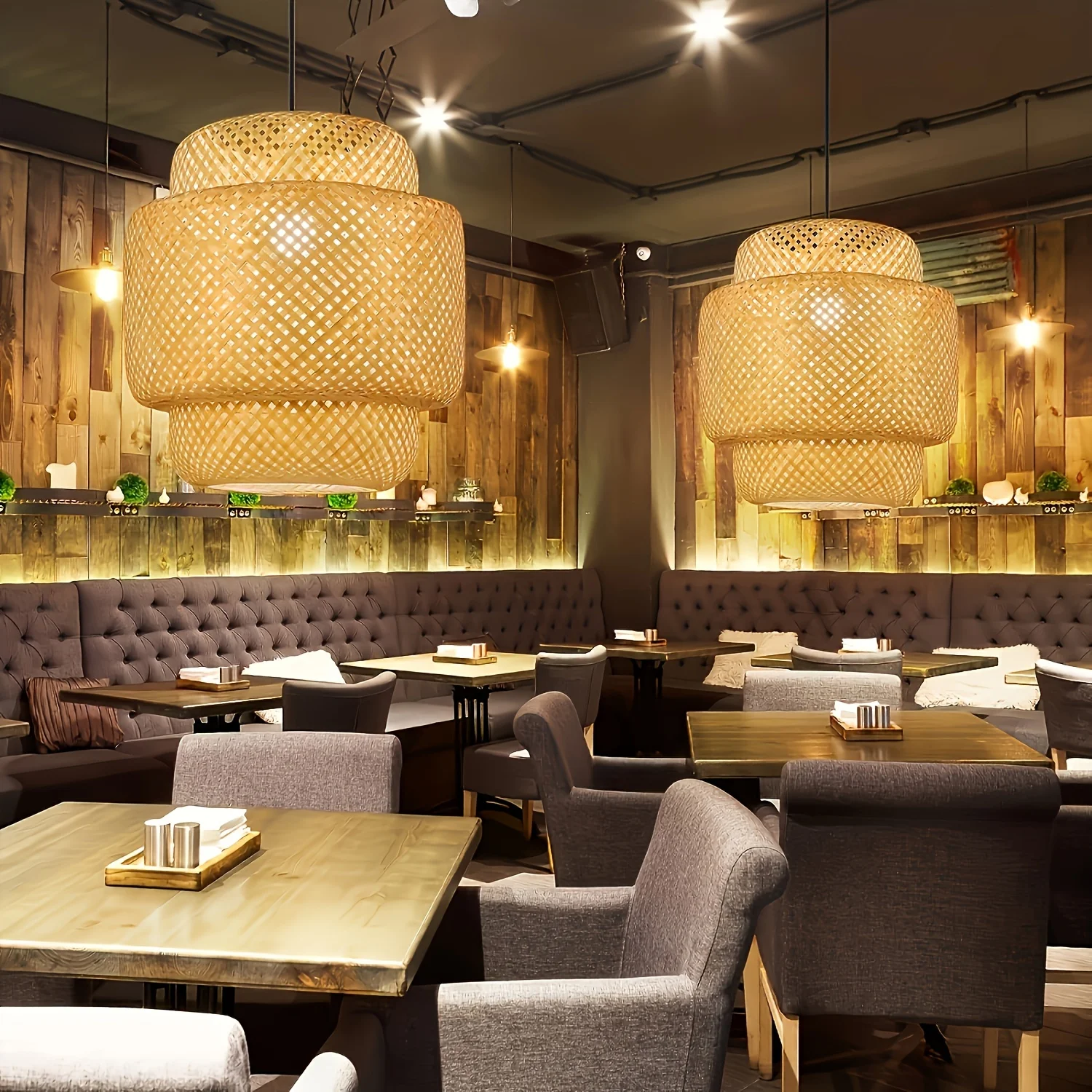 Modern Living Dining Room Pendant Light Wicker Woven Lighting Fixture Hand Woven Rattan Lantern Pendant Light for Kitchen Island