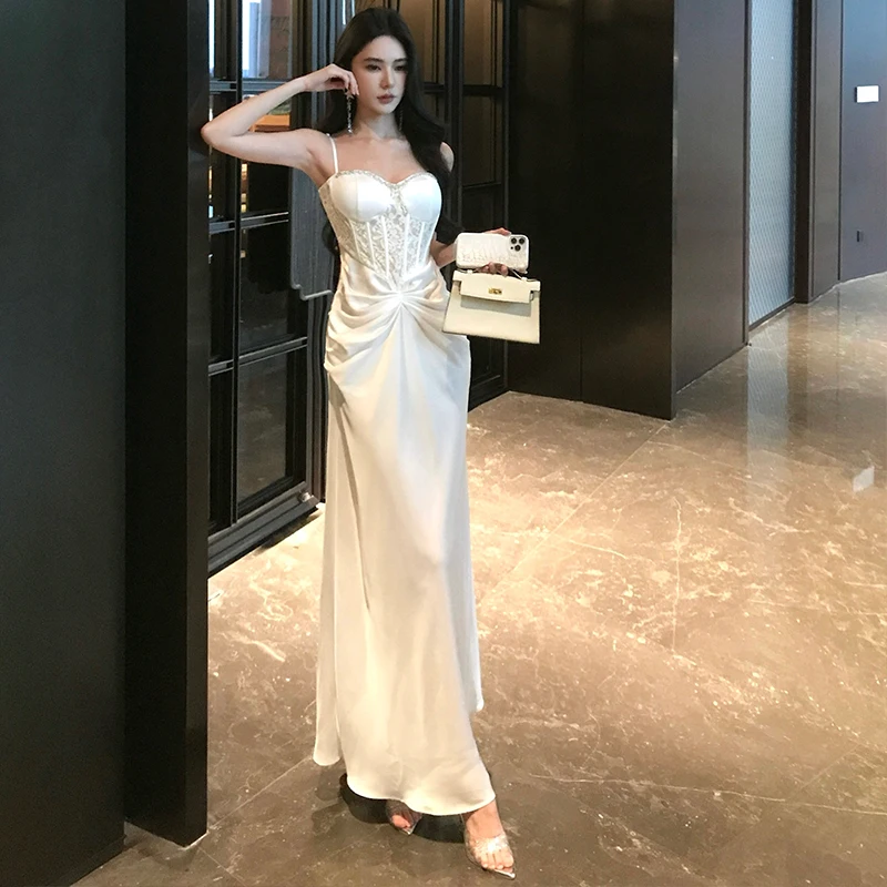 

Elegant Sexy Club Evening Party Birthday Robe Long Dress Women Summer Sleeveless Spaghetti Strap Backless Wedding White Dresses