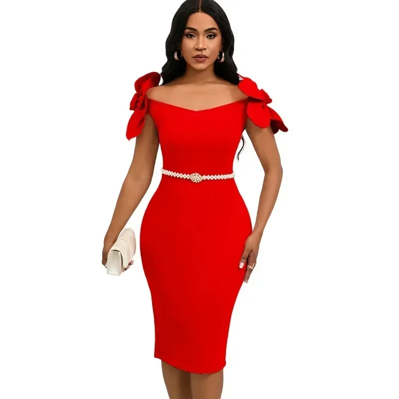 Vestido africano bodycon para mulheres, manga curta, poliéster, decote em v, roupas midi, vestidos de noite, roupas de festa