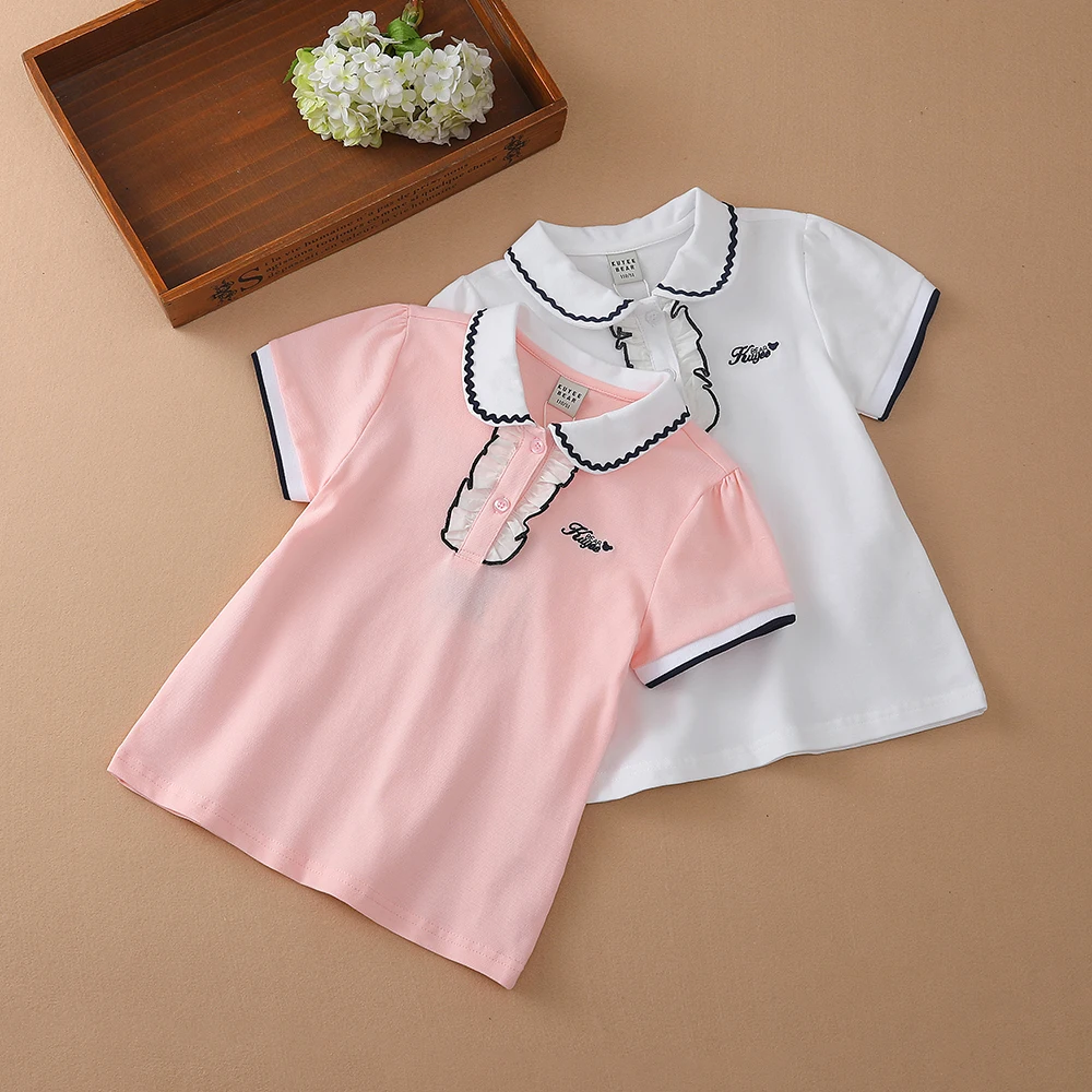 Girls Summer Polo Shirt 2023 Short Sleeve Peter Pan Collar Cute Casual T-Shirt Childrens Cotton Clothing