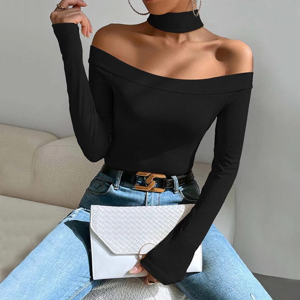 

Knitted Base Tops Long Sleeve Hanging Neck Solid Color Off Shoulder Pullover Off the Shoulder Corset Top Black