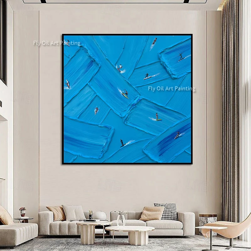 Abstract Knife Thick Green Grey Playground People Playing Golf Oil Painting Handmade Blue Swimming Pool Canvas Wall Art Decor