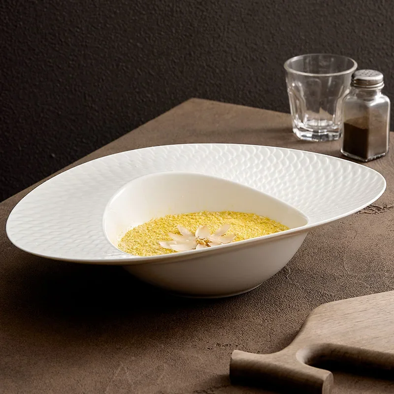 White ceramic soup bowl large fruit salad bowl Hotel special-shaped western tableware creative plate straw hat plate