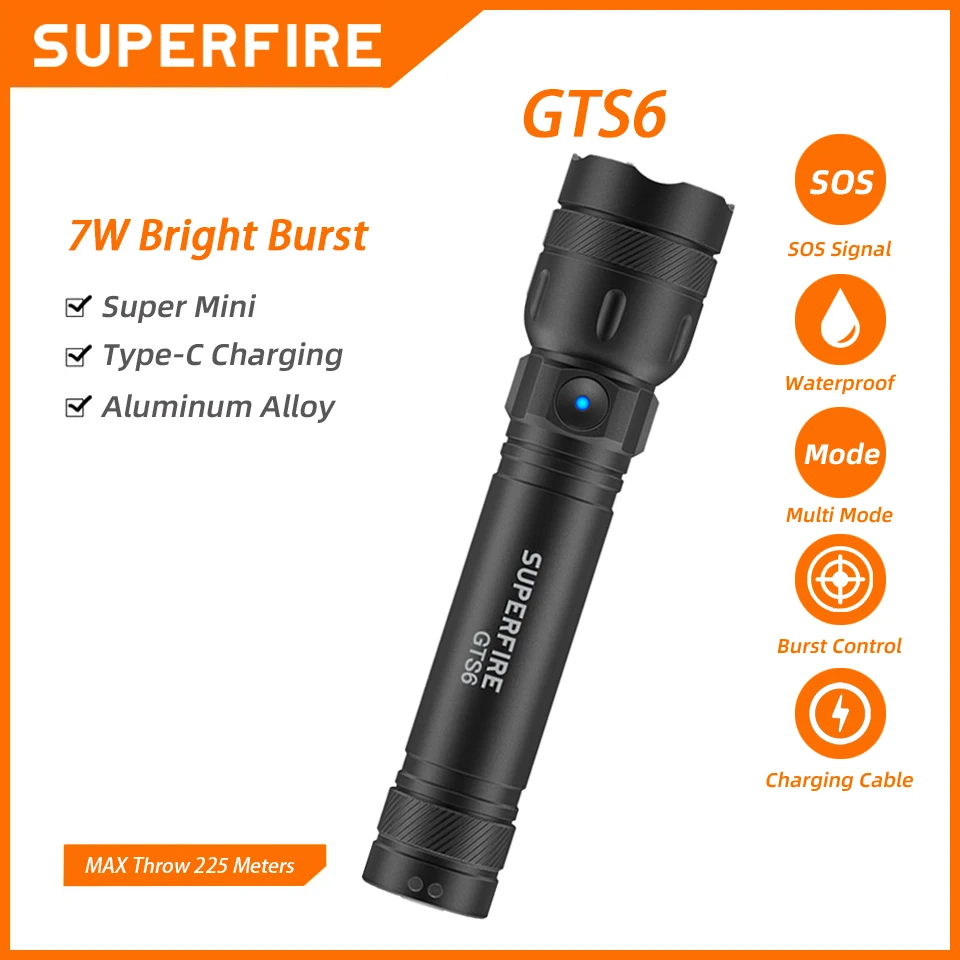 

SUPERFIRE GTS6 EDC Portable Flashlight Rechargeable LED Flashlights High Power Torch Self Defense Camping Hiking Emerge Lamp