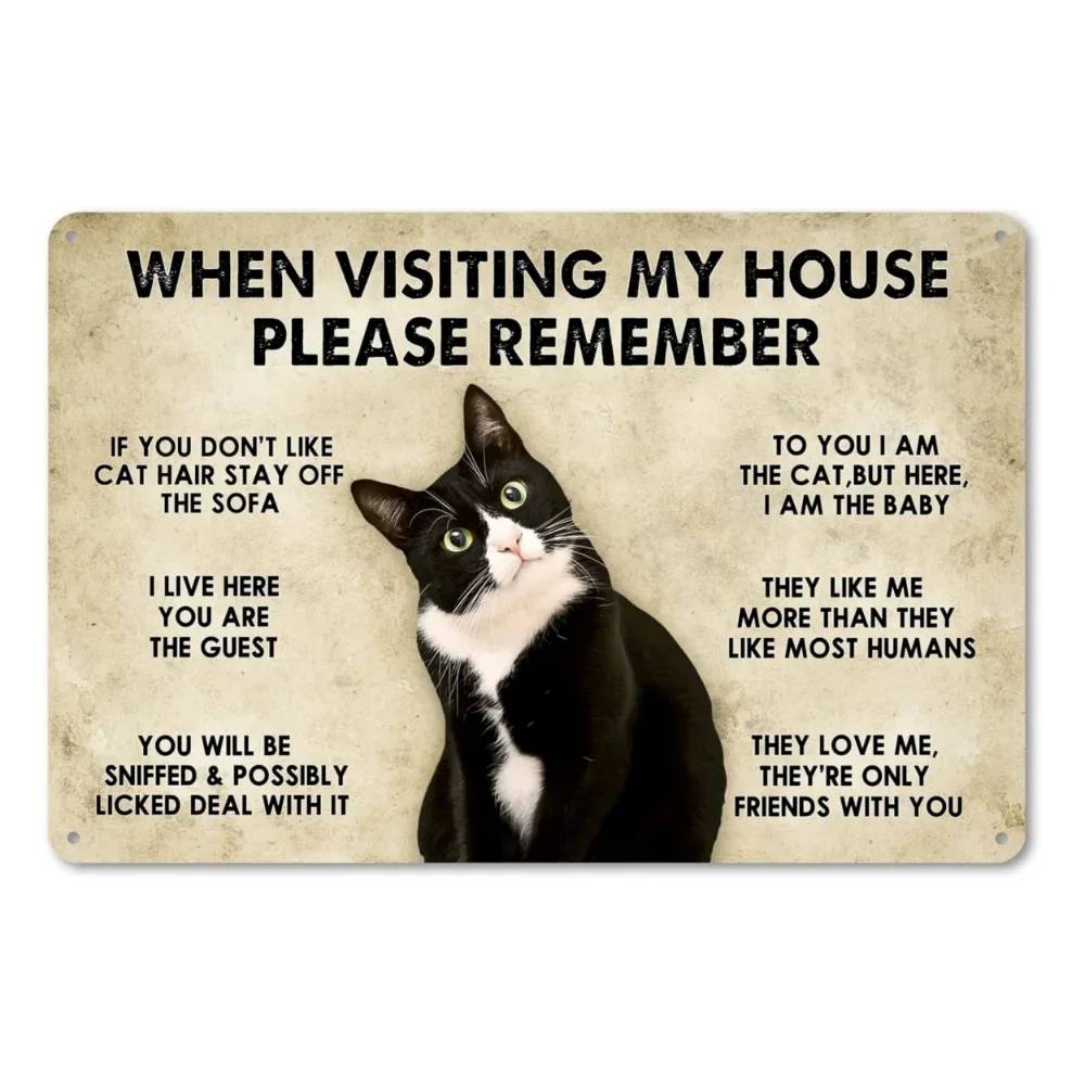 1pc, Cats - House Rules Funny Metal Tin Sign (11.81