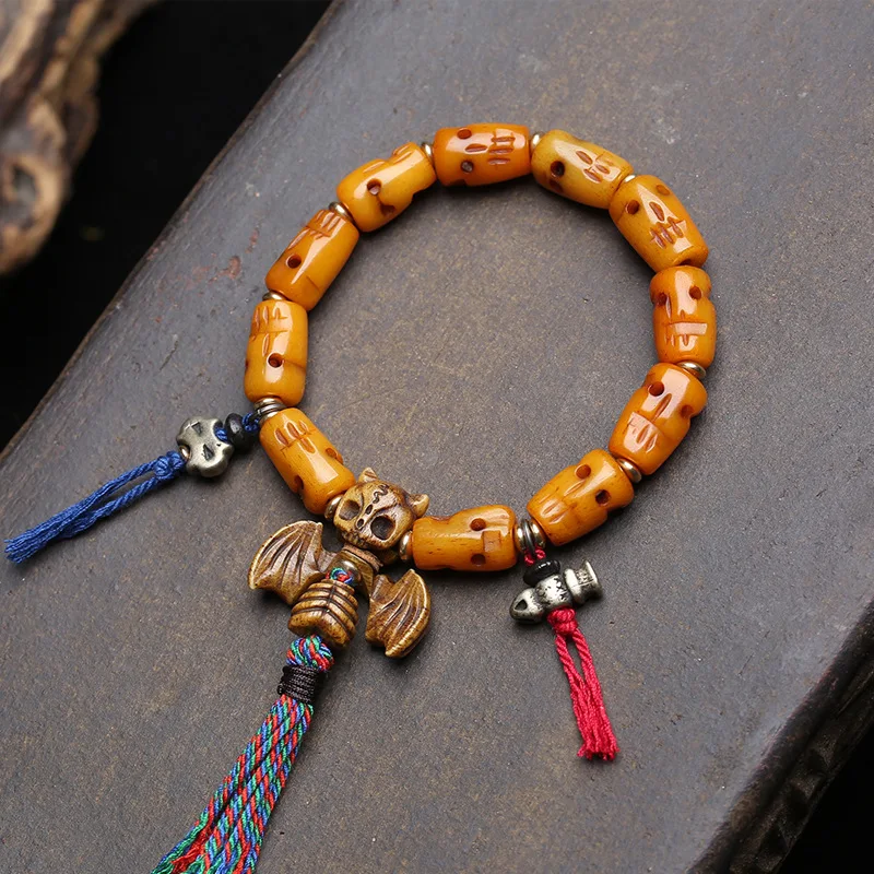Single-strand Tibetan-style yak bone Shitadolin three-way connector accessory prayer beads with openwork carving of the ‘A-dai’