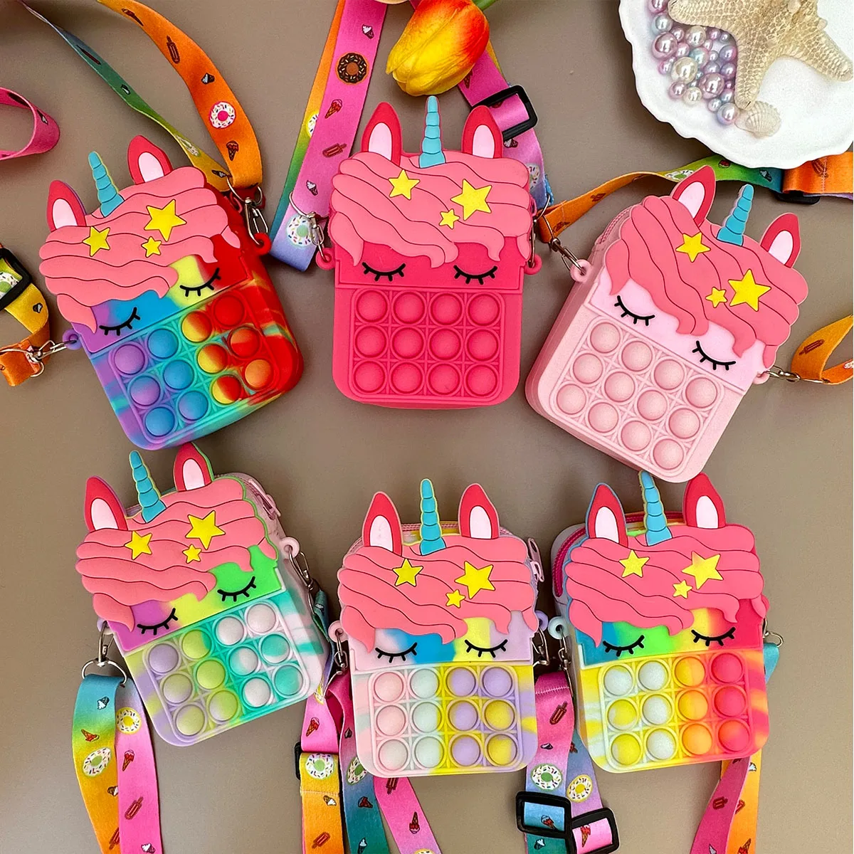 Girl's Silicone Cute Unicorn Messenger Bag Crossbody Bag Pressure Relief Dent Coin Wallet Christmas Popular Multifunctional Toy