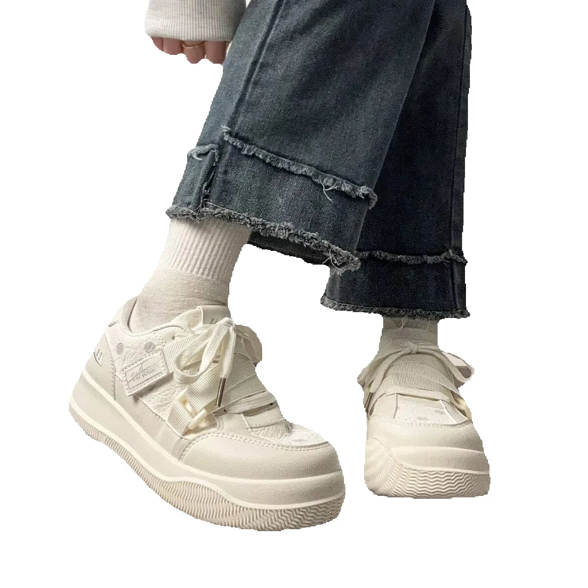 Huili WXY-Q096N Velcro White Sneakers For Women, 2026 Spring New Casual Thick-Soled Height-Increasing Loafers (Magic_vogvips.com